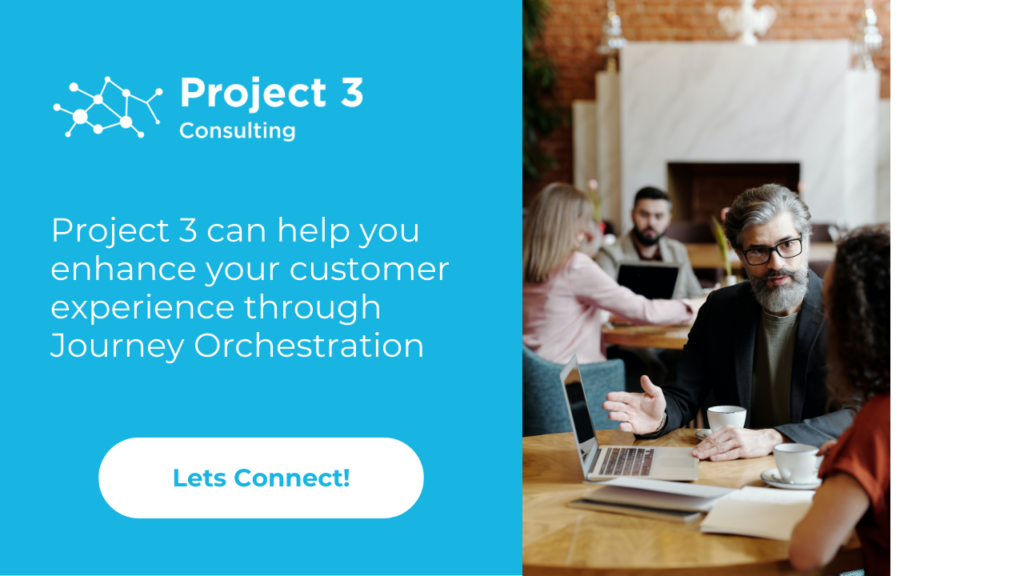 Shows a man talking to a younger child with a laptop. Project 3 can help you enhance your customer experience through Journey Orchestration. Let's connect!